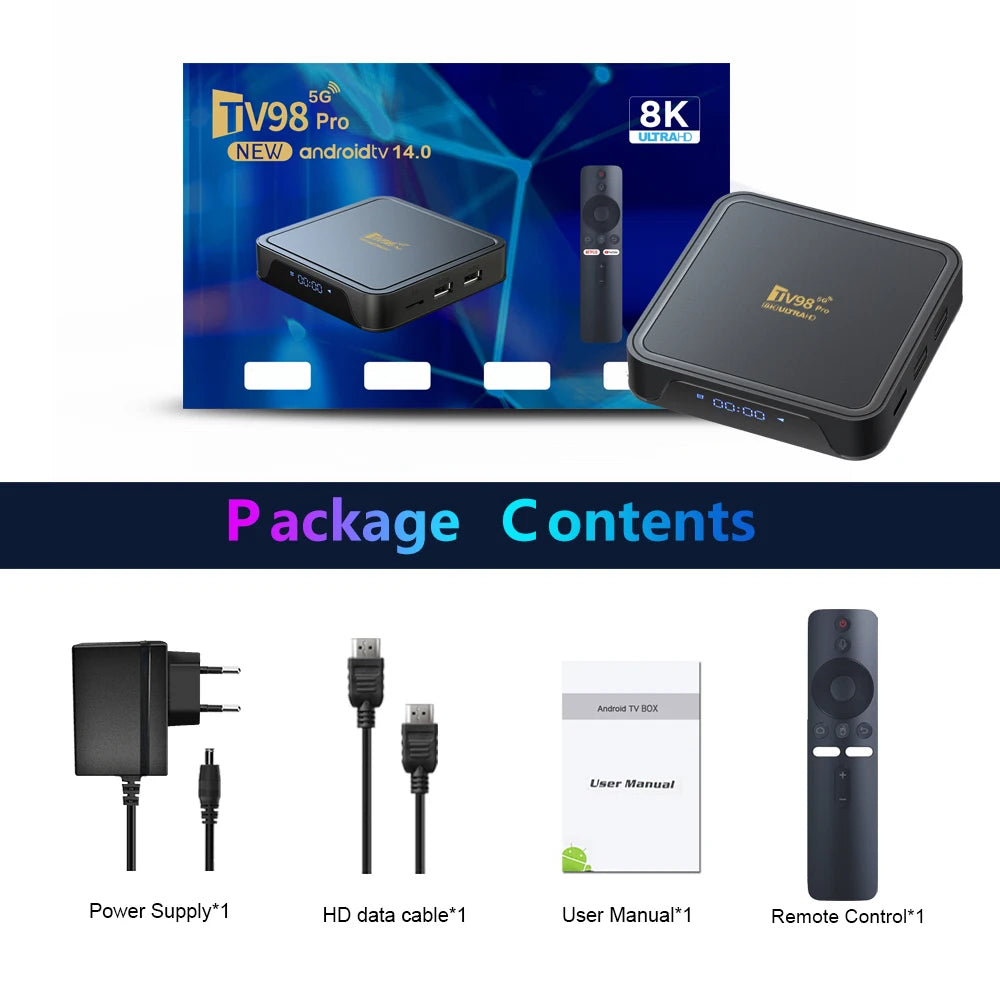 TV98 Pro TV Box Android 14 Support HD 8K4K Video 5G Dual Wifi BT5.2 Voice Remote Control Player Allwinner H313 Smart TV Box iptv