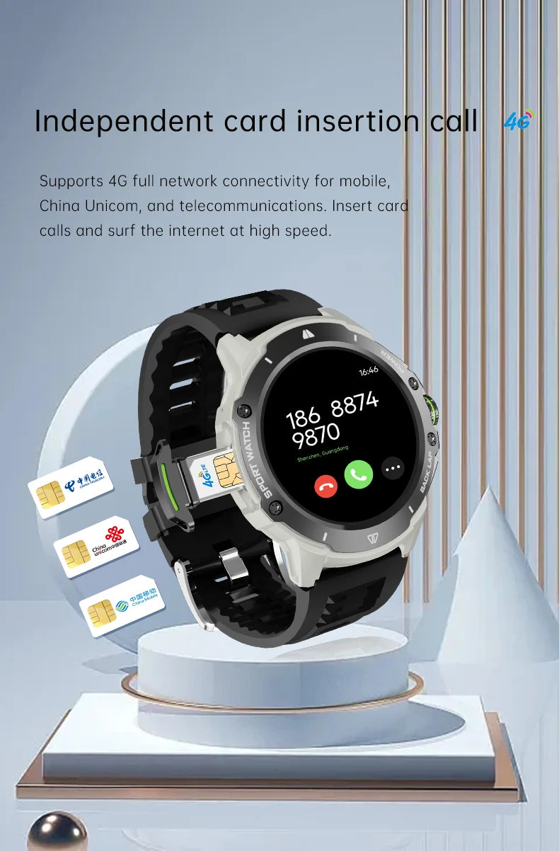8+128GB Smart Watch 4G Network SIM Card 1.43''AMOLED 200W Camera with GPS Wifi Google Play 466*466 Screen Android for Men Women