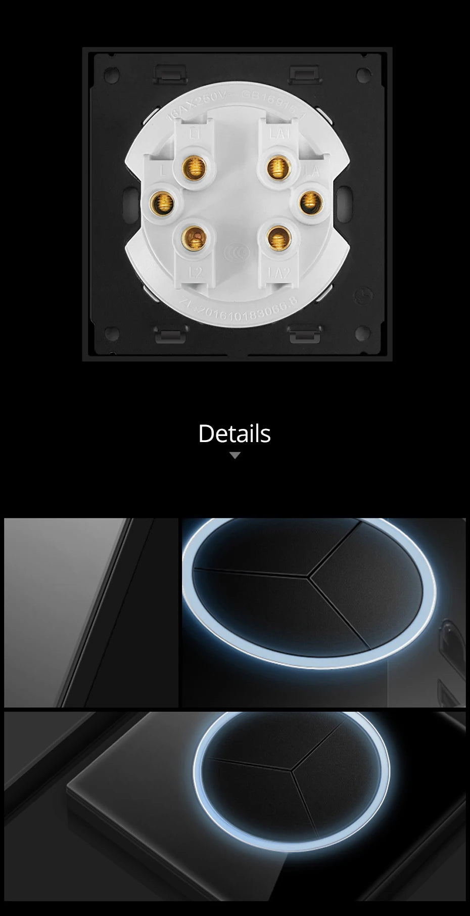 Wallpad Black Glass Panel With Large Circle Blue LED Indicator Wall Light Switch and Socket Round Button Electric Outlet