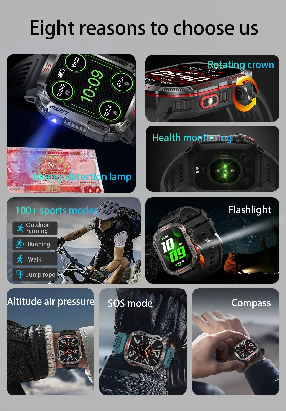 New Military Sports Smartwatch Men Flashlight Compass Altitude Pressure Fitness Waterproof Bluetooth Talk Check Bill Smartwatch