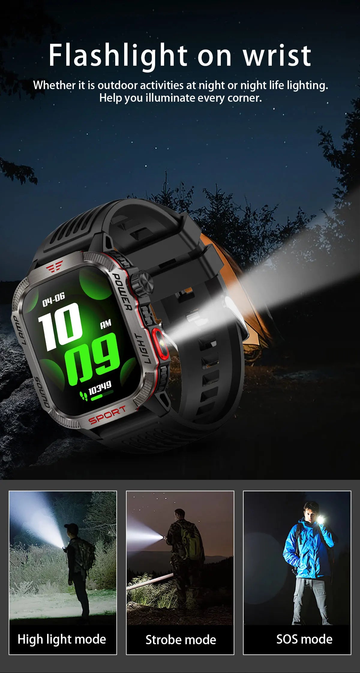 New Military Sports Smartwatch Men Flashlight Compass Altitude Pressure Fitness Waterproof Bluetooth Talk Check Bill Smartwatch