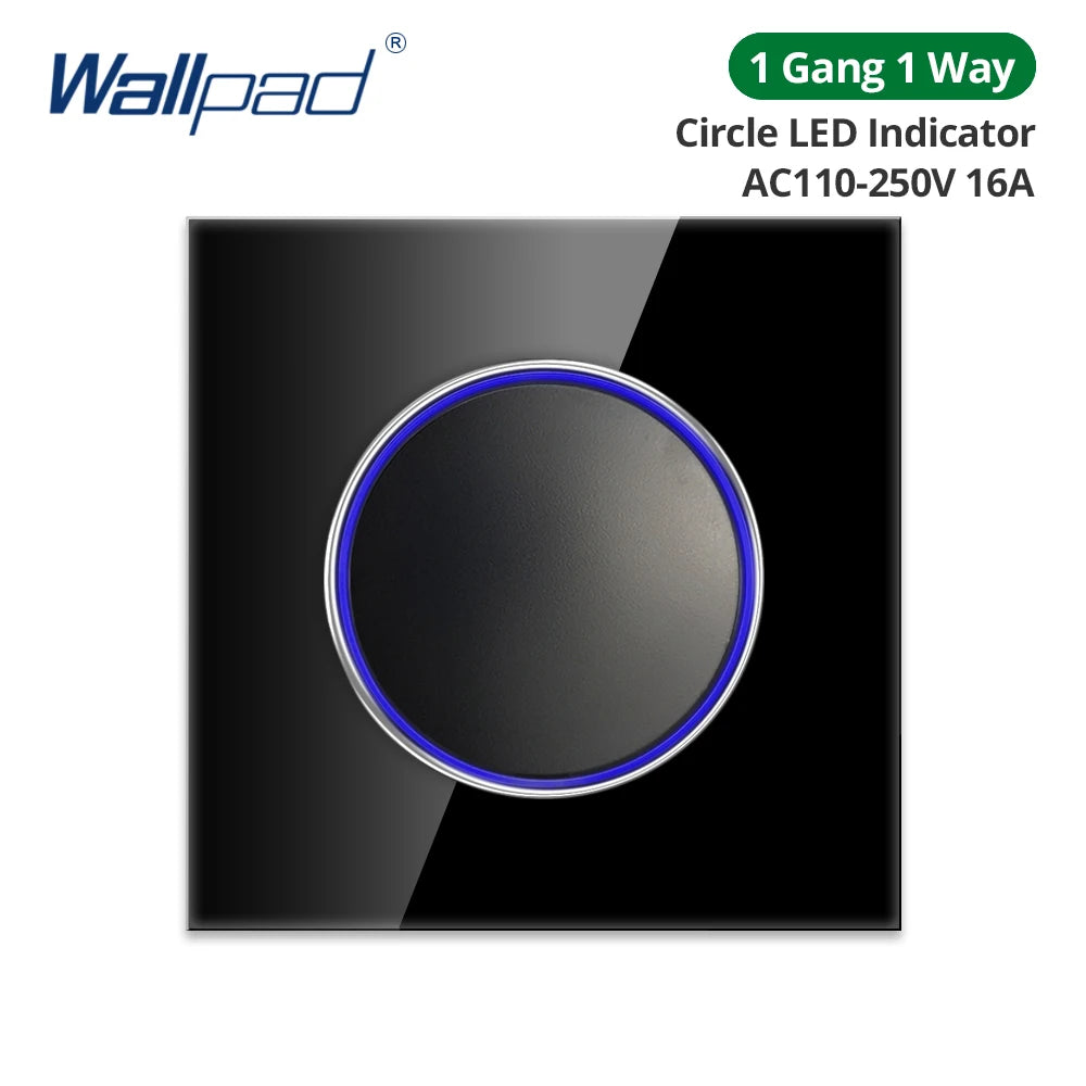 Wallpad Black Glass Panel With Large Circle Blue LED Indicator Wall Light Switch and Socket Round Button Electric Outlet