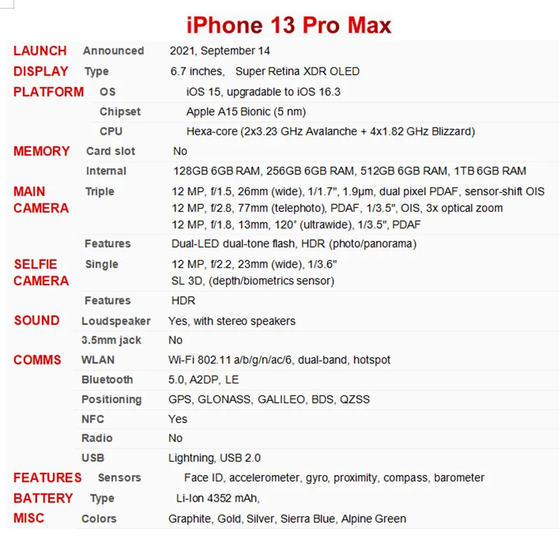 Apple iPhone 13 Pro Max 128/256/512GB/1TB ROM 6.7" Genuine Retina OLED 6GB RAM Unlocked A15 IOS Face ID NFC 98% New Mobile Phone