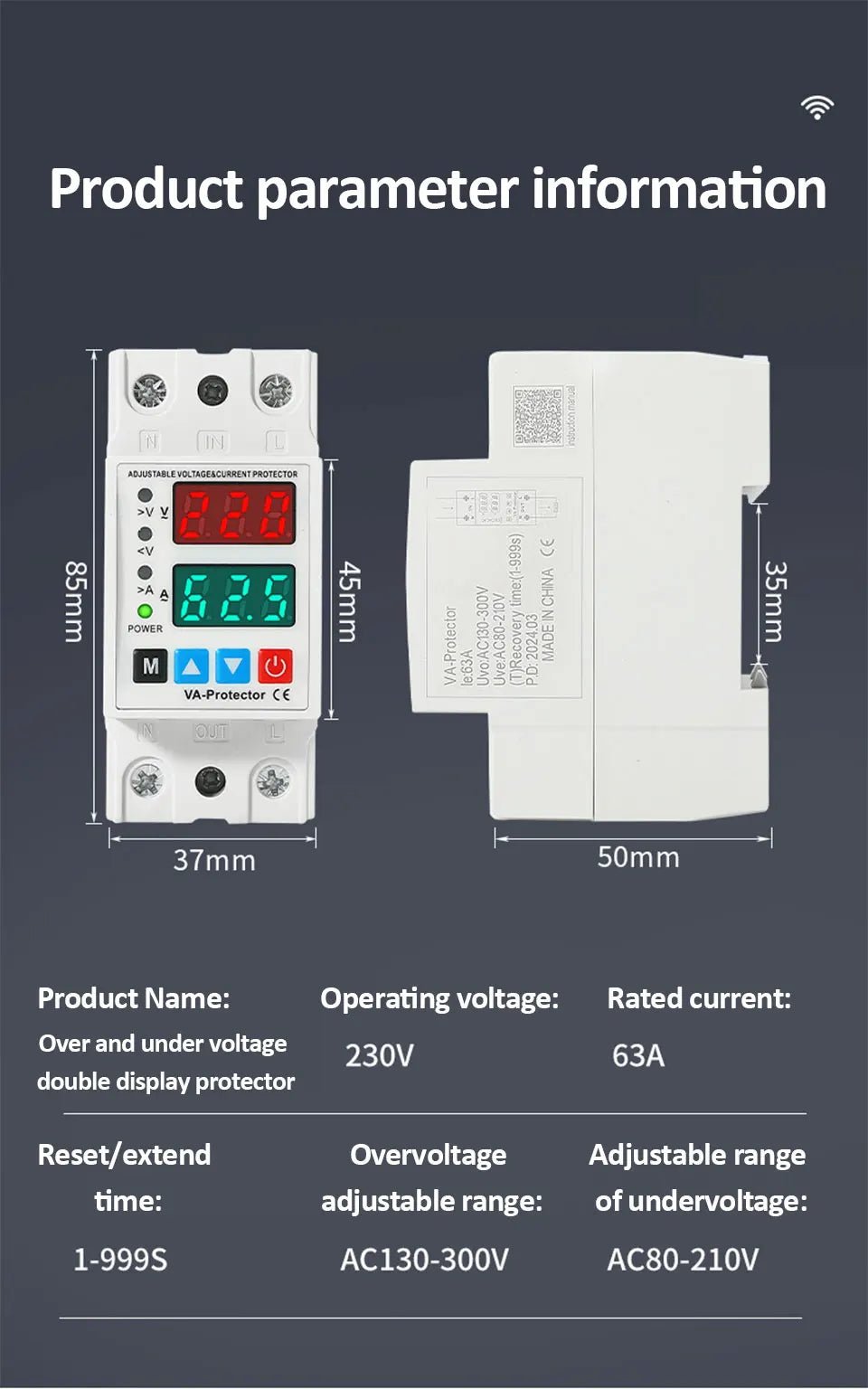40A/63A 220V Din Rail Dual Display Adjustable Over Voltage Current and Under Voltage Protective Device Protector Relay