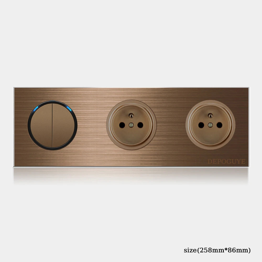 High quality coffee color universal Retro Eu FR 220V wall light switch,Reset button switch electrical socket with LED indicator