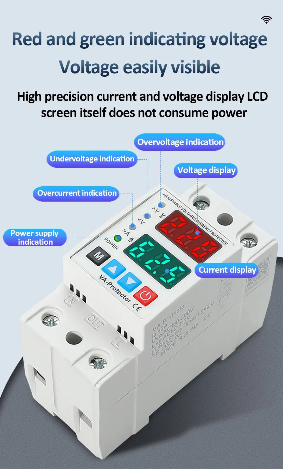 40A/63A 220V Din Rail Dual Display Adjustable Over Voltage Current and Under Voltage Protective Device Protector Relay