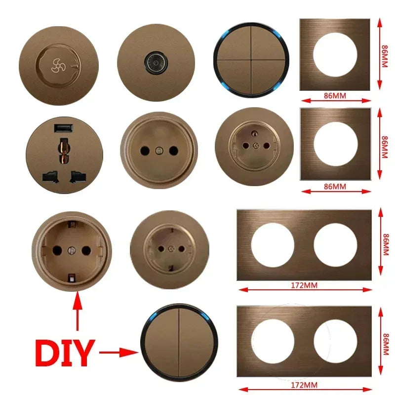 High quality coffee color universal Retro Eu FR 220V wall light switch,Reset button switch electrical socket with LED indicator