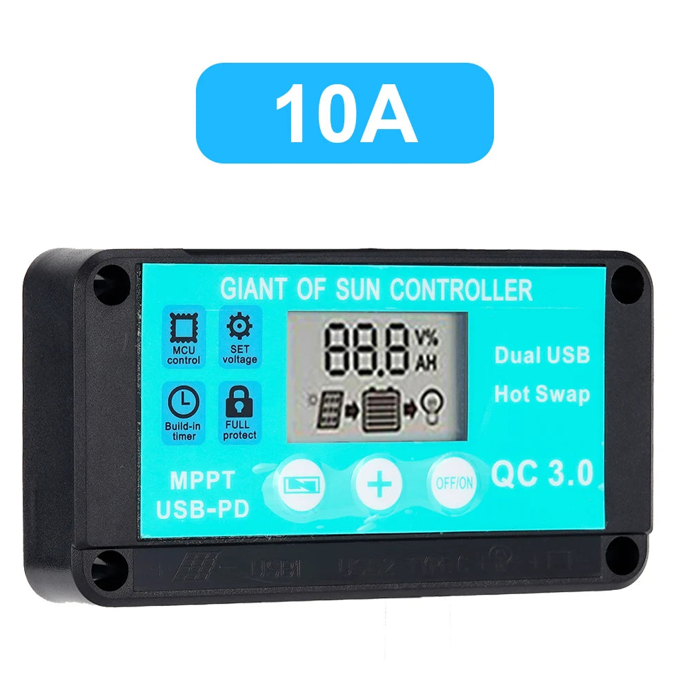 10A MPPT Solar Charge Controller 12V/24V Multiple Protection Solar Panel Regulator LCD Display Fast Charging 3.0 Battery Charger