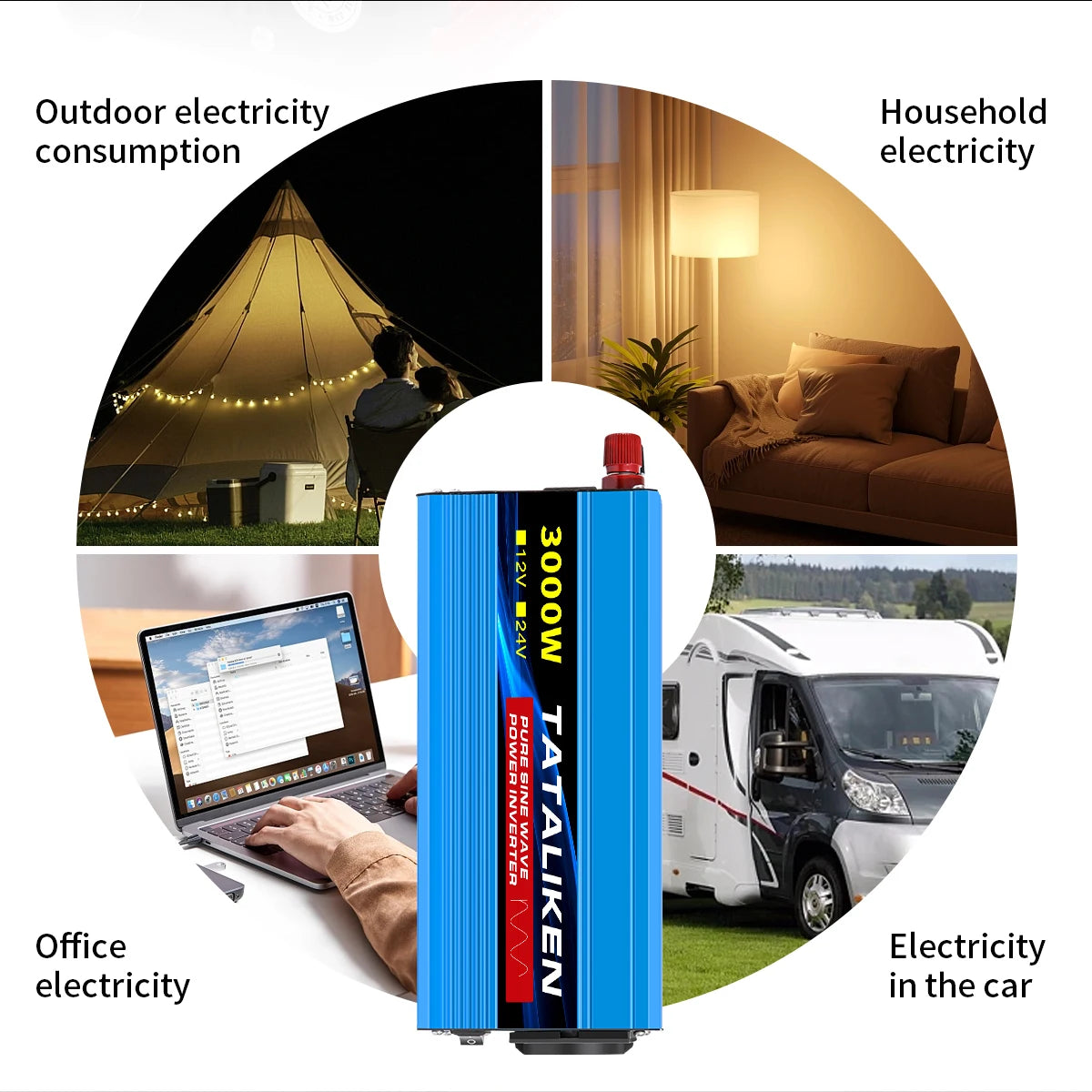 3000W Pure Sine Wave Power Inverter 12V to 230V 240V Car Converter Adapter with EU Outlets and Cooling Fan