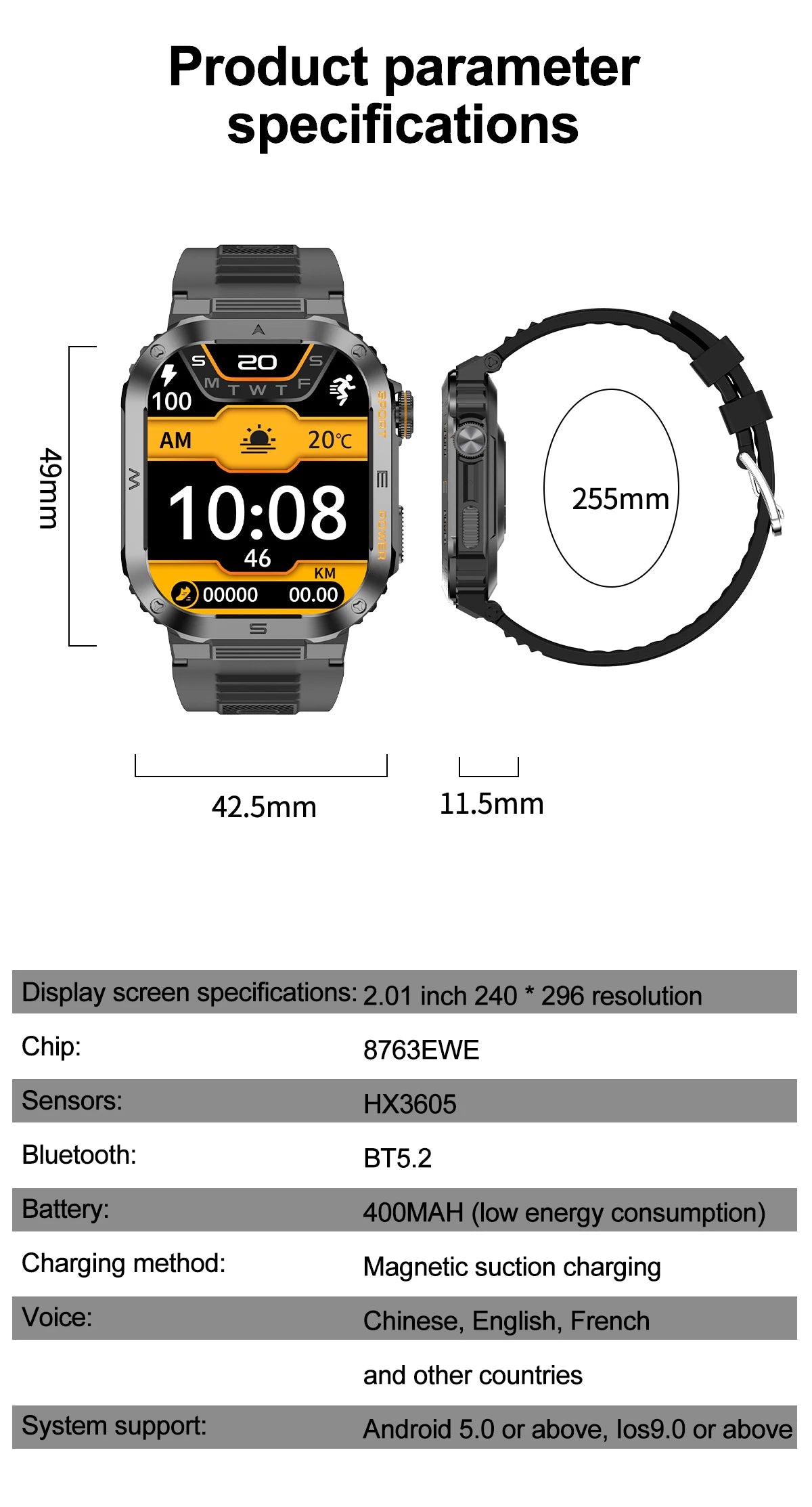 Rugged And Durable Military Smart Watch Ip68 Waterproof 2.01'' HD Display Bluetooth Voice Smart Watch For Android IOS XIAOMI