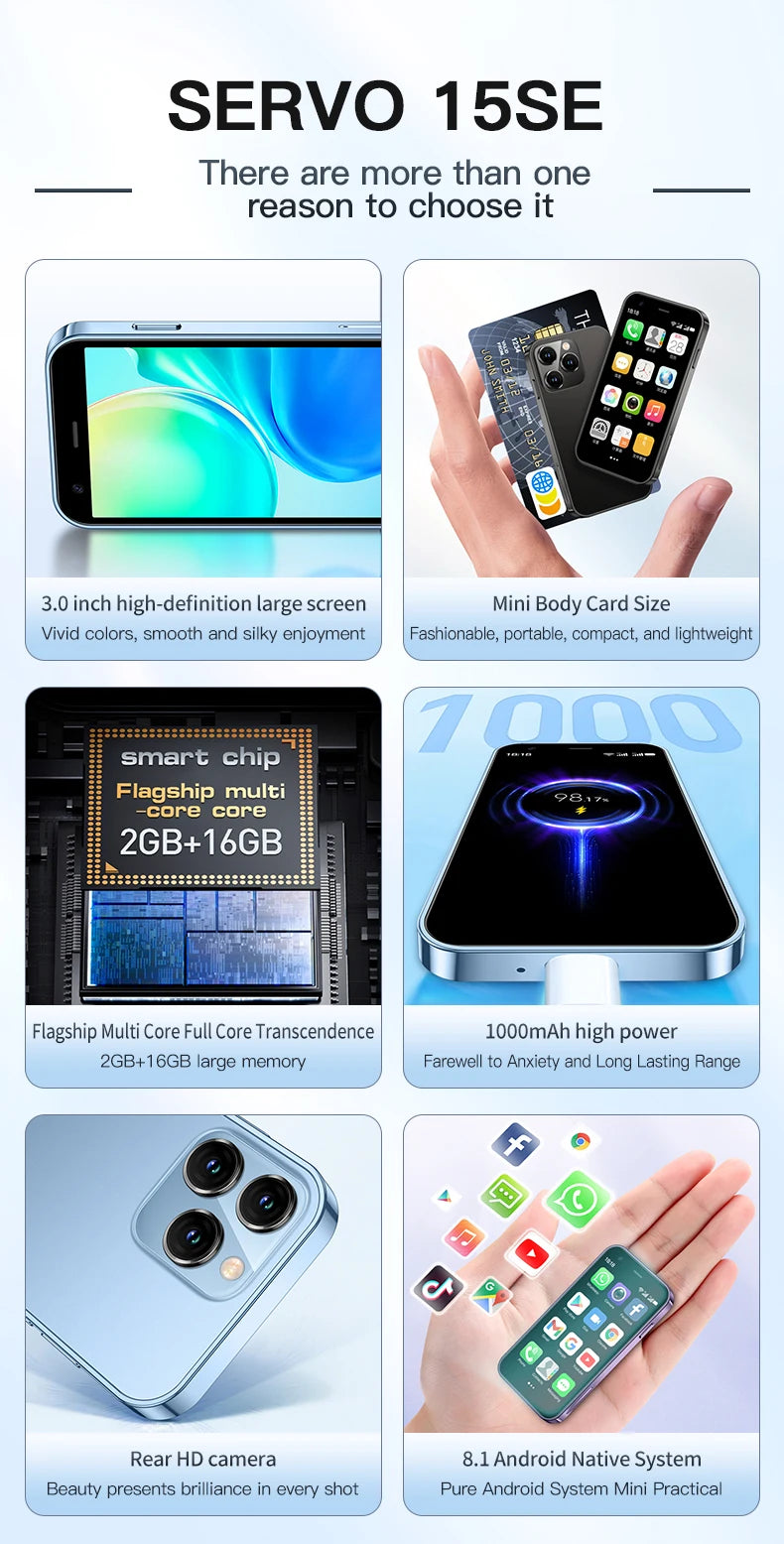 SERVO 15SE Small Smartphone 2 SIM WCDMA Android 8.1 RAM 2GB ROM 16GB GPS WIFI 3.0" Screen Mini Portable Mobile Phone Cheap Price