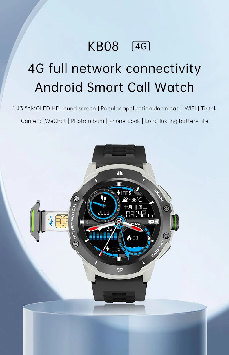 8+128GB Smart Watch 4G Network SIM Card 1.43''AMOLED 200W Camera with GPS Wifi Google Play 466*466 Screen Android for Men Women
