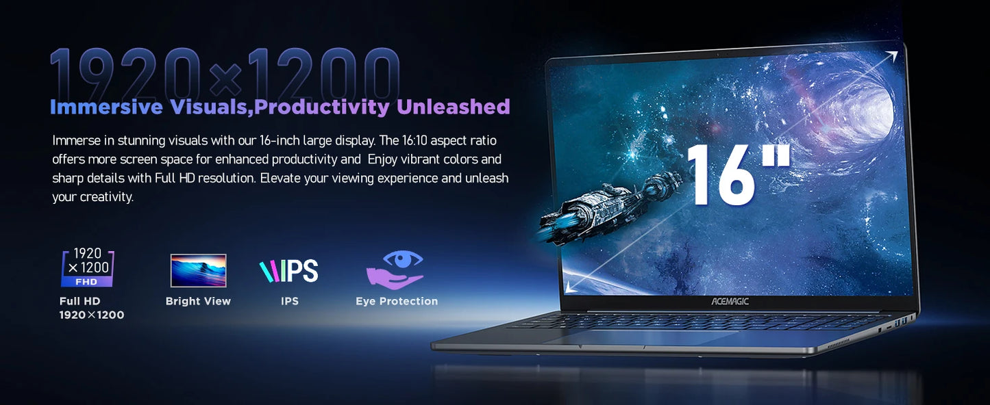 ACEMAGIC 16" Ultra Slim Laptop 16GB RAM 512GB SSD Intel N97 Notebook Gamer 1920*1080 Display Office Study Computer PC Windows 11