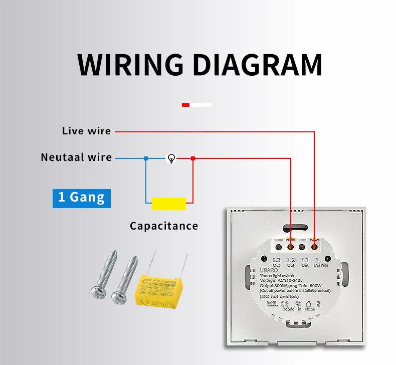UBARO Eu Wall Touch Switch Luxury Glass Panel Led Indicator Power Light Sensor Button Live Wire Control Switches 1/2/3 Gang
