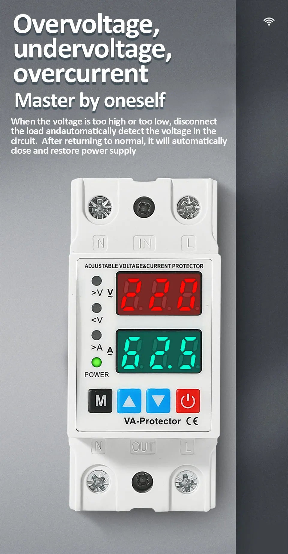 40A/63A 220V Din Rail Dual Display Adjustable Over Voltage Current and Under Voltage Protective Device Protector Relay