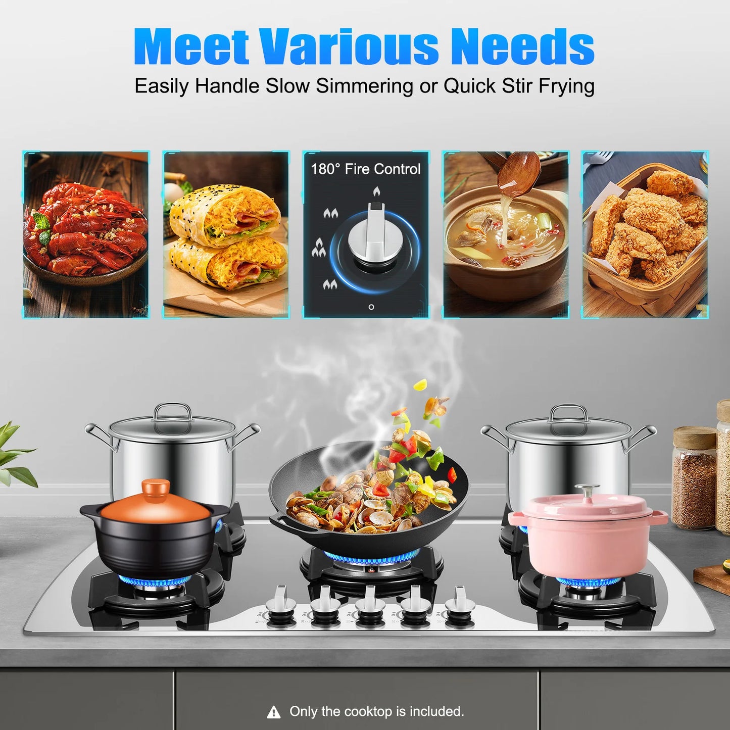 35.4*20.1*2.4 Inch Kitchen Built-in Countertop Gas Cooktop with 5 Burners Tempered Glass Panel Easy to Clean Quick Start
