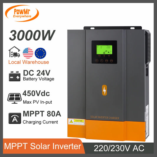 3000W 80A MPPT Solar Charge Controller DC 24V to 230V AC Max Solar Panel Input 450V Pure Sine Wave Hybrid Inverter Fit Lifepo4
