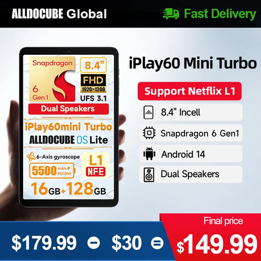 Alldocube iPlay60 Mini Turbo 8.4inch Snapdragon 6Gen 1 Tablet Android14 8GB+8GB virtual memory RAM+128GB ROM Widevine L1