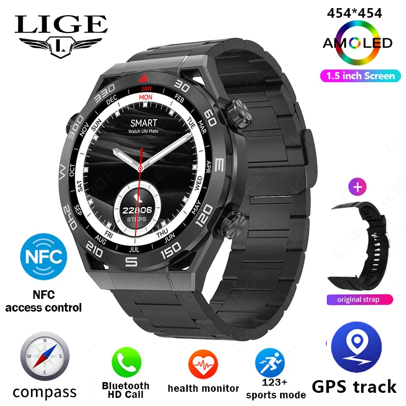 LIGE GPS Smart Watch Men 454*454 HD resolution Voice Calling NFC Watches Compass IP68 Waterproof ECG+PPG Smartwatch For Huawei