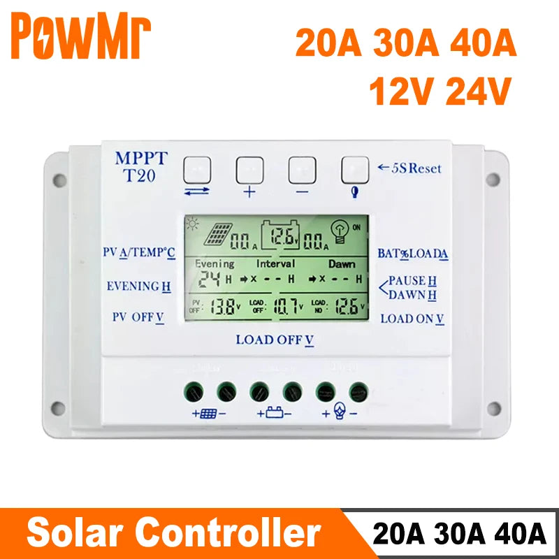 PowMr MPPT PWM 20A 30A 40A Solar Charge Controller 12V 24V Auto Solar Panel Regulator Solar Battery Charger Dual Timer