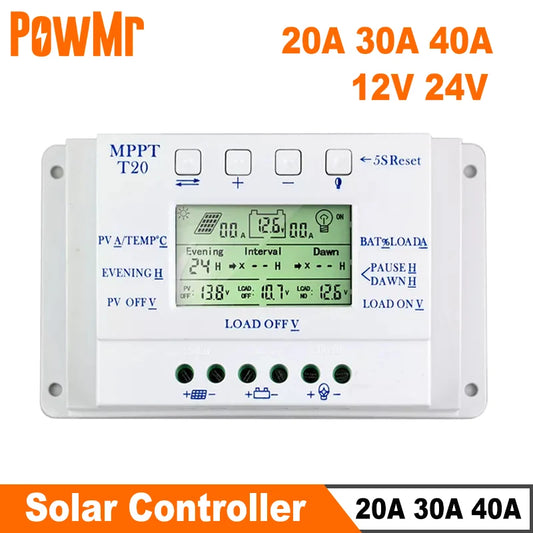 PowMr MPPT PWM 20A 30A 40A Solar Charge Controller 12V 24V Auto Solar Panel Regulator Solar Battery Charger Dual Timer