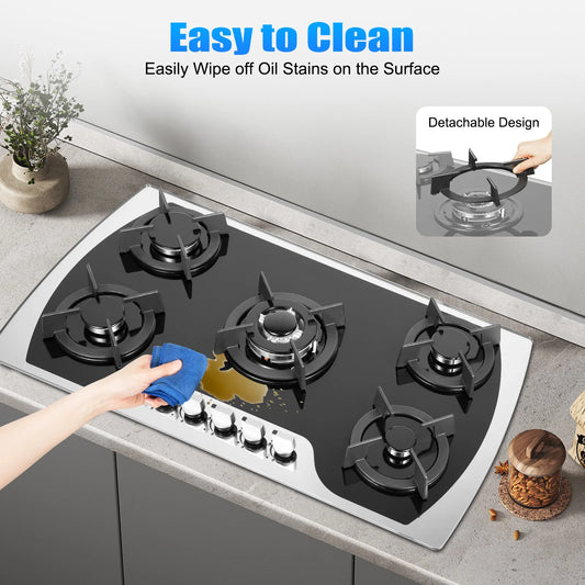 35.4*20.1*2.4 Inch Kitchen Built-in Countertop Gas Cooktop with 5 Burners Tempered Glass Panel Easy to Clean Quick Start