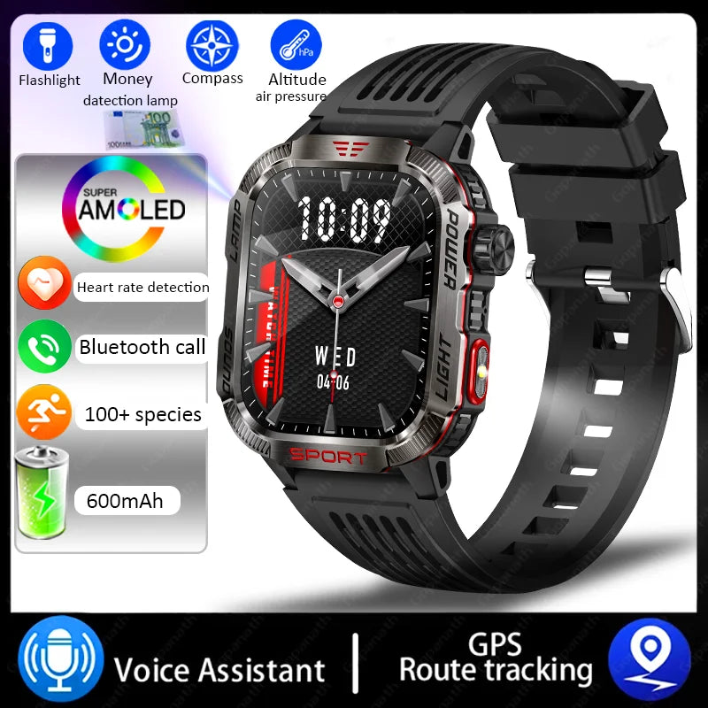 New Military Sports Smartwatch Men Flashlight Compass Altitude Pressure Fitness Waterproof Bluetooth Talk Check Bill Smartwatch