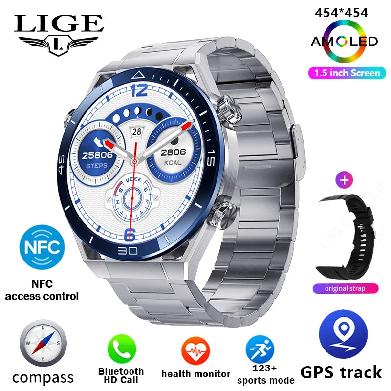 LIGE GPS Smart Watch Men 454*454 HD resolution Voice Calling NFC Watches Compass IP68 Waterproof ECG+PPG Smartwatch For Huawei