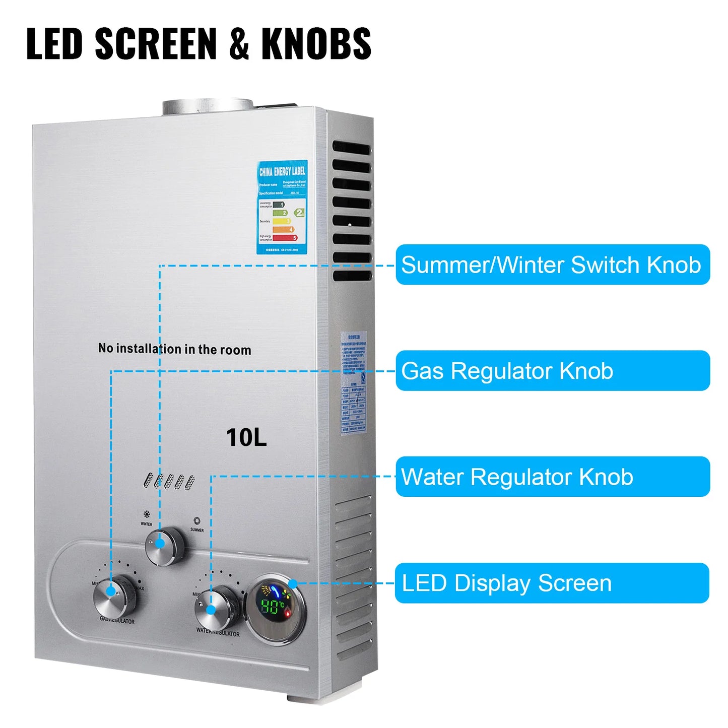 VEVOR LPG Water Heater LPG Boiler Gas Stainless Steel Tankless Home Appliance