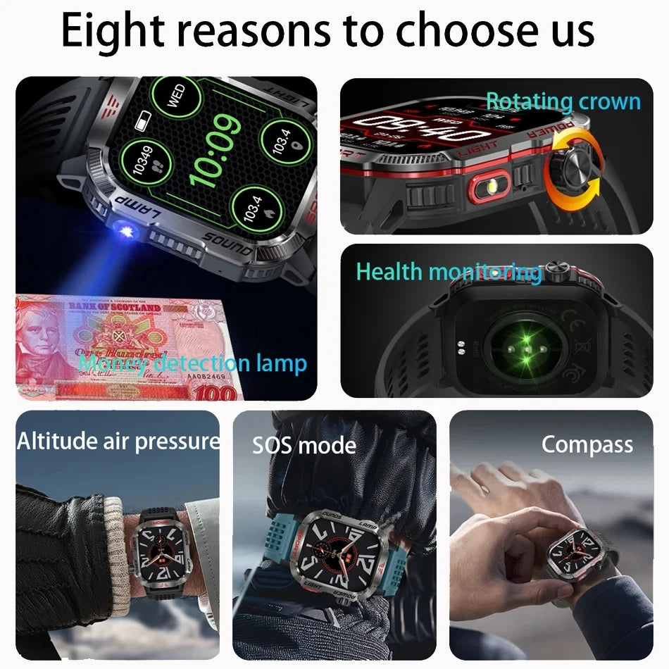 New Military Sports Smartwatch Men Flashlight Compass Altitude Pressure Fitness Waterproof Bluetooth Talk Check Bill Smartwatch
