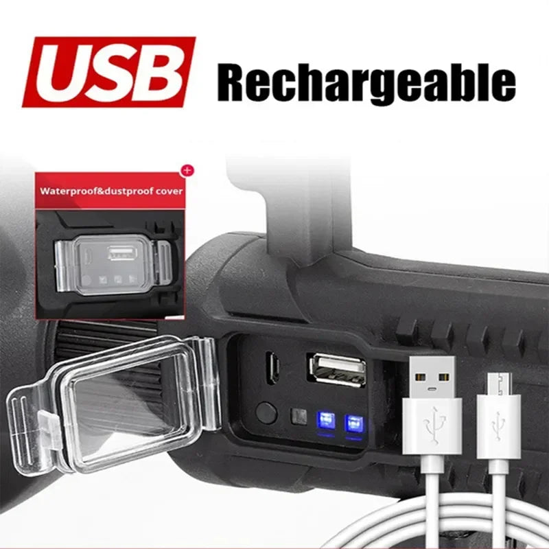 Portable Powerful LED Flashlight Mountable Bracket Handheld Searchlight USB Rechargeable Spotlight Waterproof Torch Light
