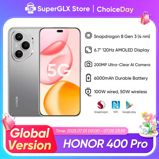 2025 HONOR 400 Pro Global Version 5G Smartphone Snapdragon 8 Gen 3 120Hz 6.7" AMOLED Display 200MP Camera 100W SuperCharge NFC