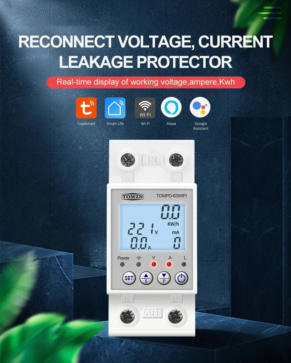 TOMPD-63 WFI switch 63A smartlife TUYA Circuit breaker Energy Meter Metering Timer with voltage current and leakage protection