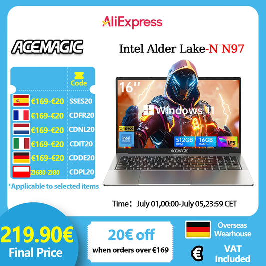 ACEMAGIC 16" Ultra Slim Laptop 16GB RAM 512GB SSD Intel N97 Notebook Gamer 1920*1080 Display Office Study Computer PC Windows 11