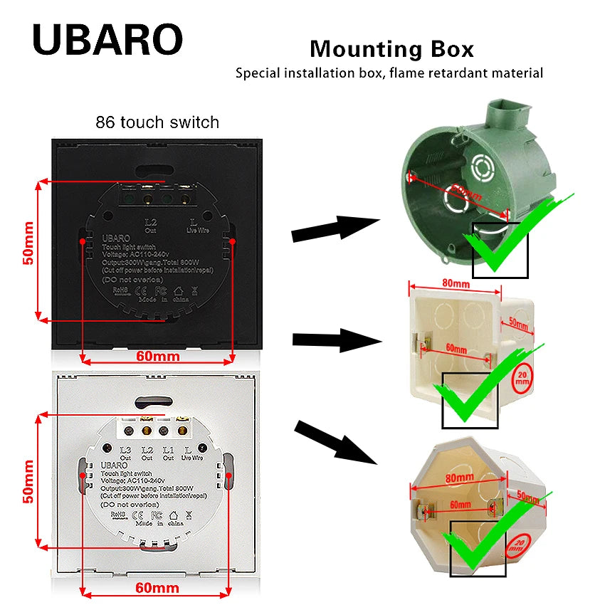 UBARO Eu Wall Touch Switch Luxury Glass Panel Led Indicator Power Light Sensor Button Live Wire Control Switches 1/2/3 Gang