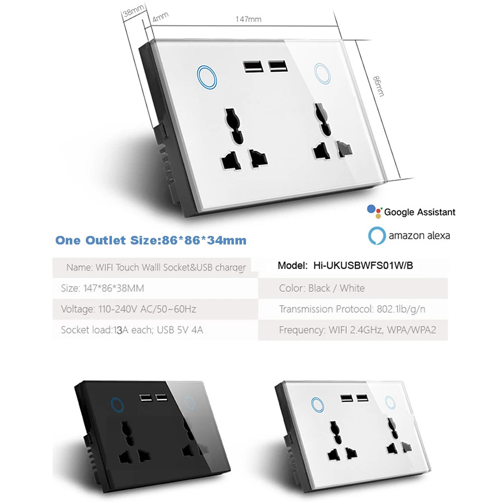 Shawader Tuya Wifi Smart USB Type-C PD 20W Wall Socket Universal Electrical Plug Outlet Power Switch Wireless,Alexa Google Home
