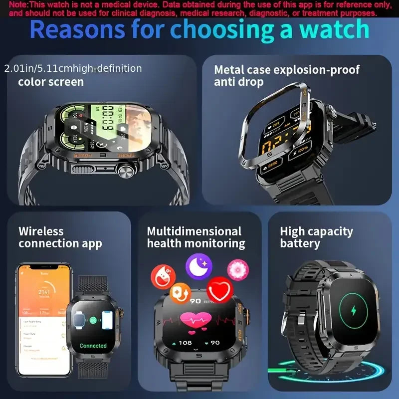 Rugged And Durable Military Smart Watch Ip68 Waterproof 2.01'' HD Display Bluetooth Voice Smart Watch For Android IOS XIAOMI