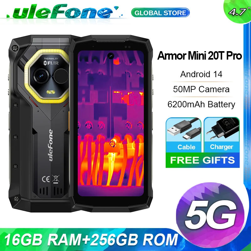 Ulefone Armor Mini 20T Pro 5G Rugged Thermal lmaging By FLIR® 16GB+256GB 4.7" Display LED Light Android 14 6200mAh 33W Global