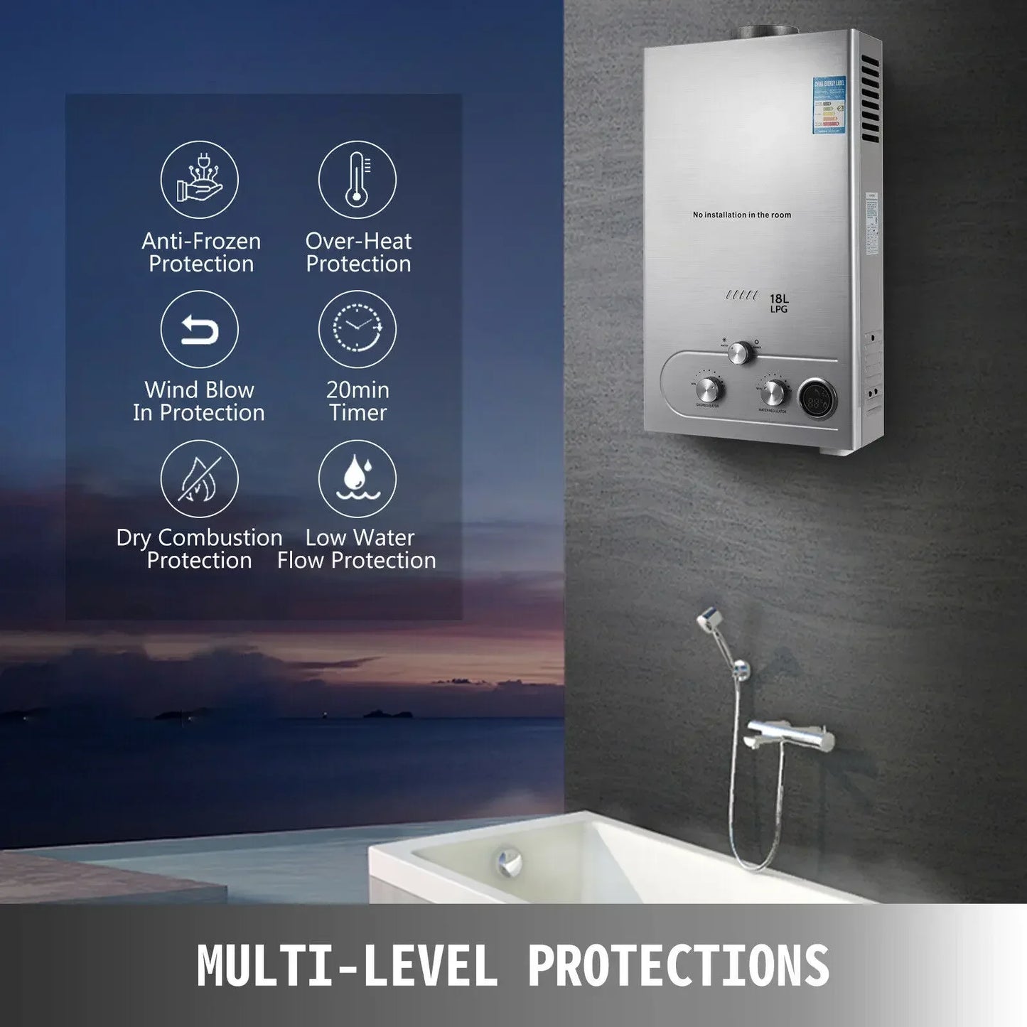 VEVOR LPG Water Heater LPG Boiler Gas Stainless Steel Tankless Home Appliance