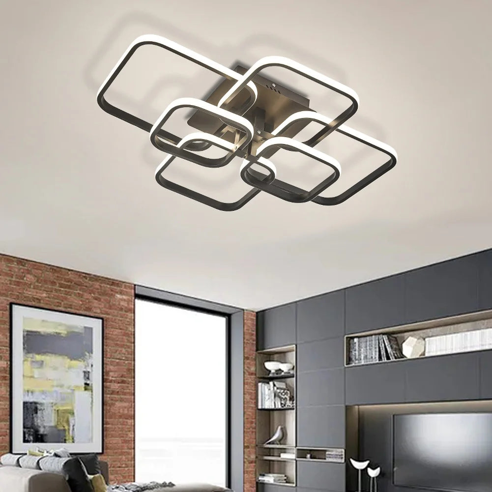Modern Square LED Ceiling Lamp Chandelier Light, Black Frame-6 Head Cool/Dimmable White
