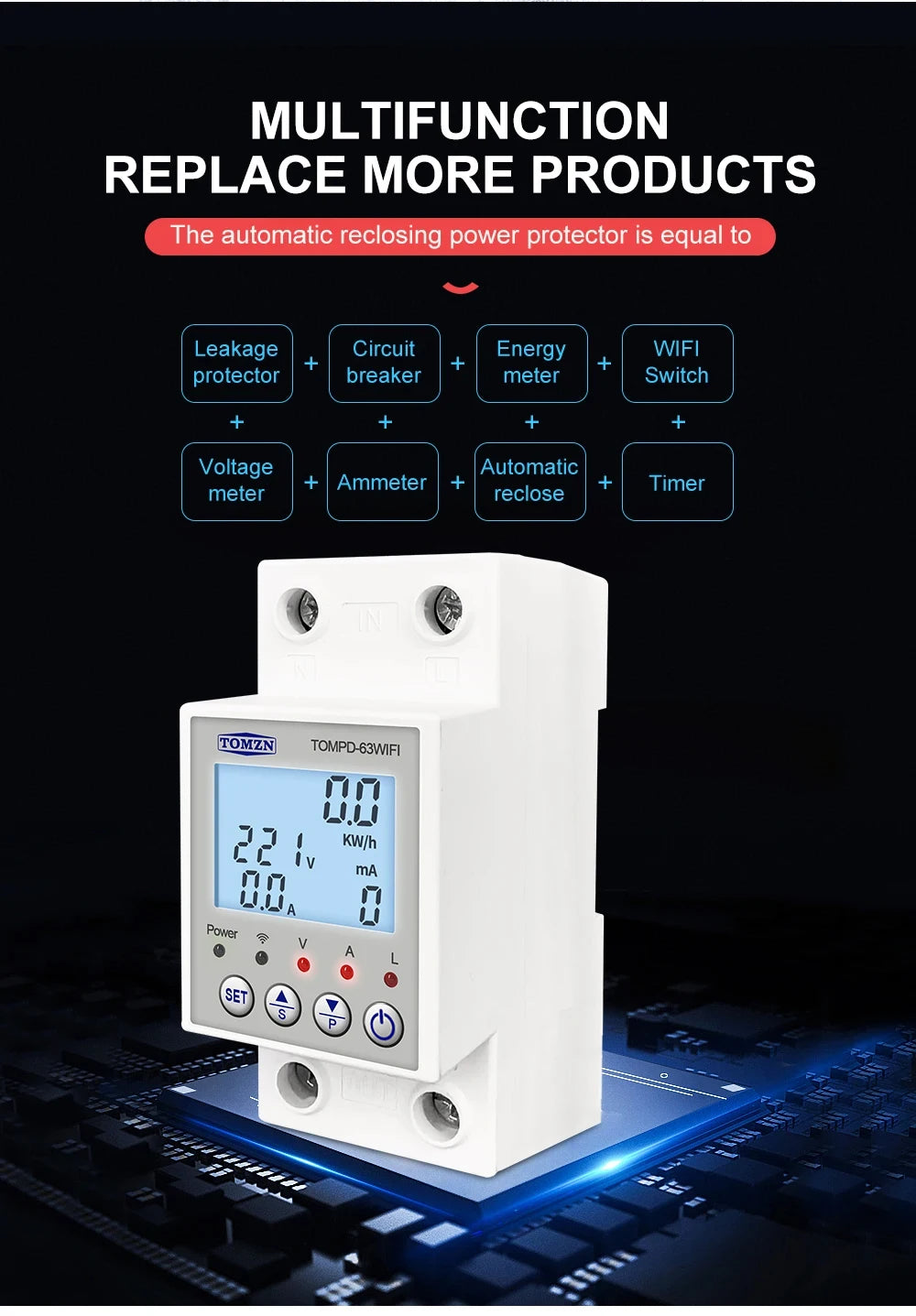 TOMPD-63 WFI switch 63A smartlife TUYA Circuit breaker Energy Meter Metering Timer with voltage current and leakage protection