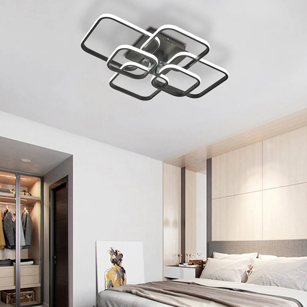 Modern Square LED Ceiling Lamp Chandelier Light, Black Frame-6 Head Cool/Dimmable White