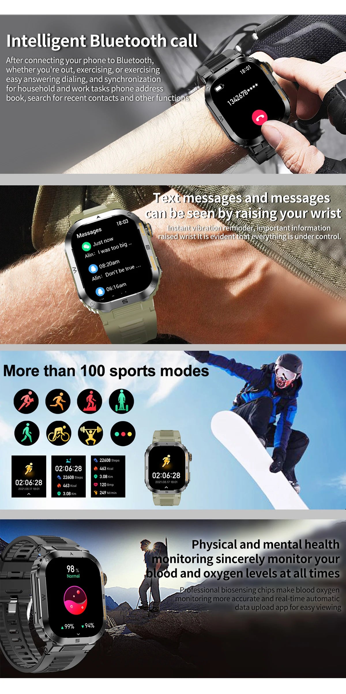 Rugged And Durable Military Smart Watch Ip68 Waterproof 2.01'' HD Display Bluetooth Voice Smart Watch For Android IOS XIAOMI