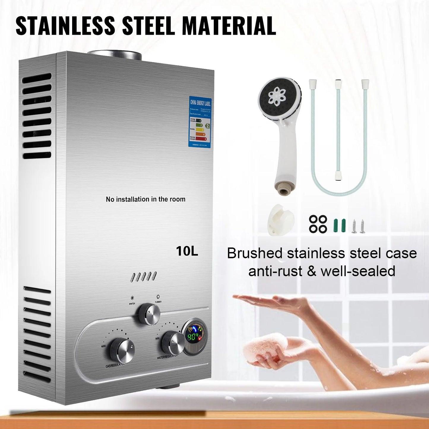 VEVOR LPG Water Heater LPG Boiler Gas Stainless Steel Tankless Home Appliance