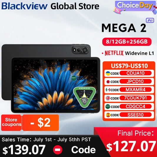 Blackview MEGA 2 Tablets 12 inch 2K Display Widevine L1 24GB(8+16) Android 15 256GB 9000mAh AI Main Camera Pad PC