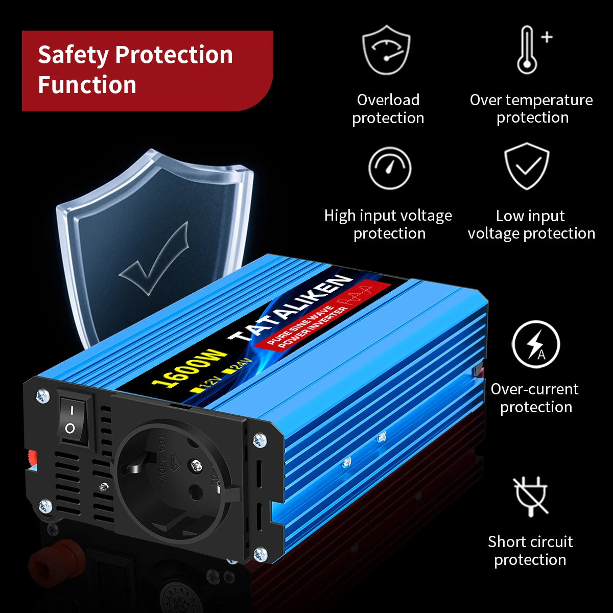 3000W Pure Sine Wave Power Inverter 12V to 230V 240V Car Converter Adapter with EU Outlets and Cooling Fan