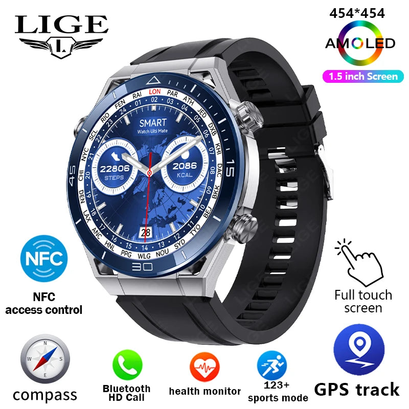 LIGE GPS Smart Watch Men 454*454 HD resolution Voice Calling NFC Watches Compass IP68 Waterproof ECG+PPG Smartwatch For Huawei