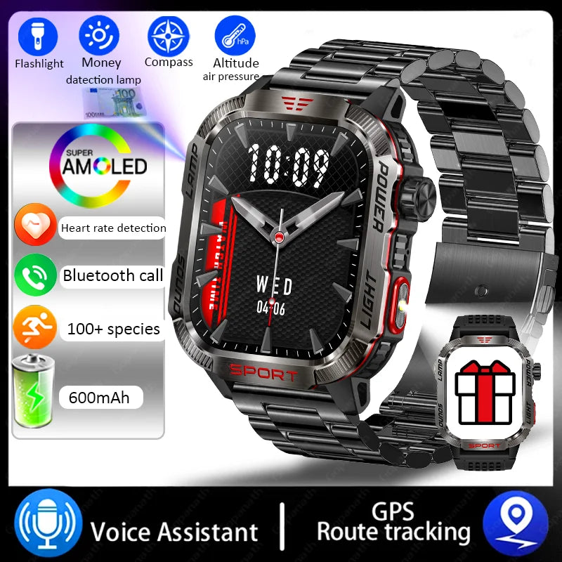 New Military Sports Smartwatch Men Flashlight Compass Altitude Pressure Fitness Waterproof Bluetooth Talk Check Bill Smartwatch
