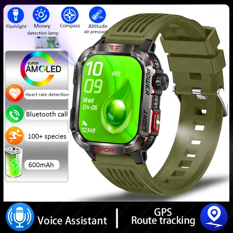 New Military Sports Smartwatch Men Flashlight Compass Altitude Pressure Fitness Waterproof Bluetooth Talk Check Bill Smartwatch